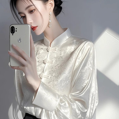 白色高级感国风提花长袖衬衫女春秋新中式设计感小众独特好看上衣