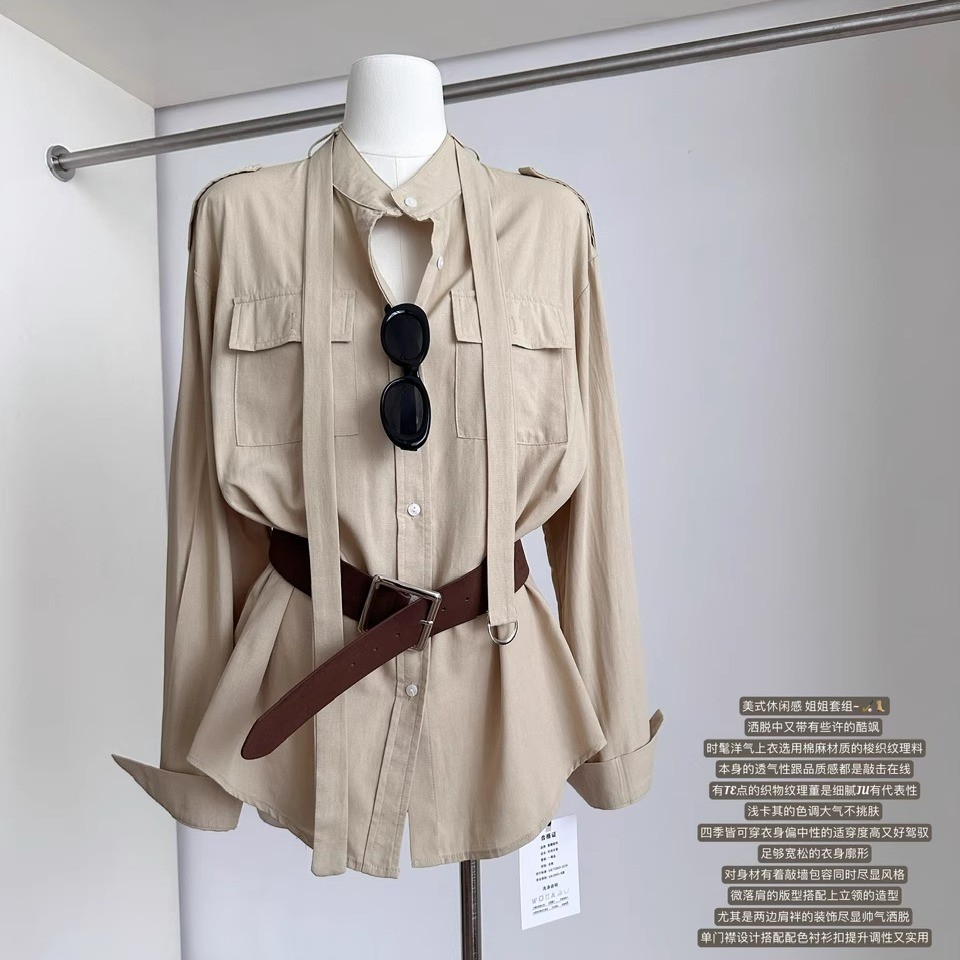 韩系气质姐感卡其色系带衬衣女2025秋新款酷飒休闲长袖衬衫配腰带
