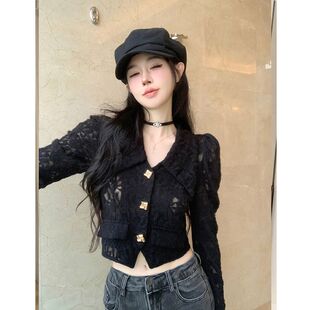 泡泡袖蕾丝衬衫女设计感小众秋季法式v领短款上衣打底衫内搭小衫