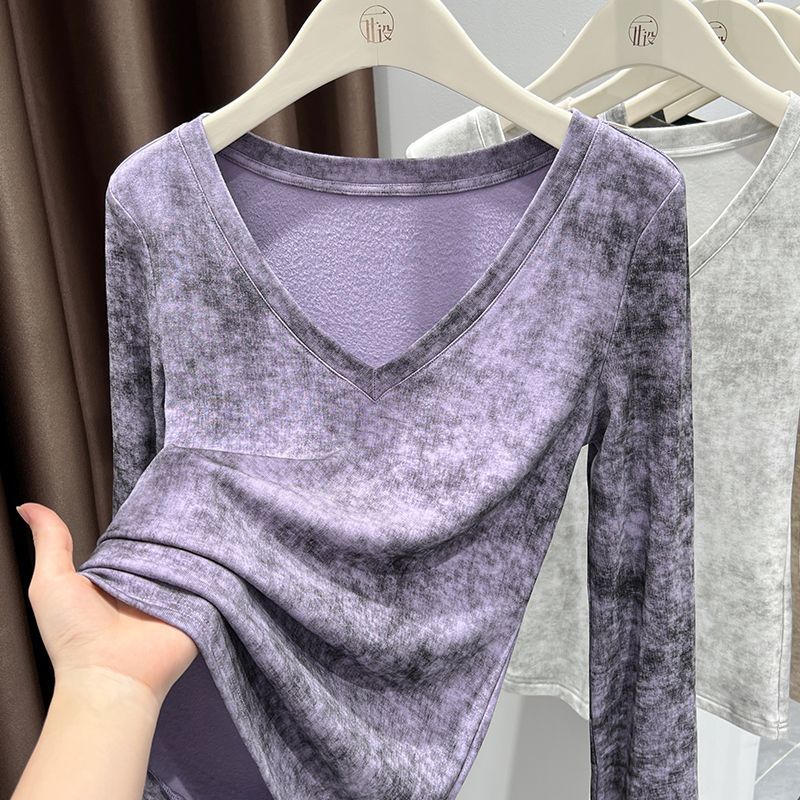 扎染修身v领中式国风内搭打底衫可外穿软糯面膜秋季气质收腰上衣