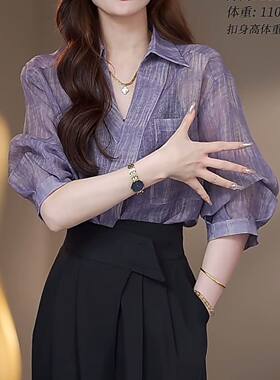 法式复古渲染短袖薄款衬衫女夏季新款时尚设计感百搭气质宽松衬衣