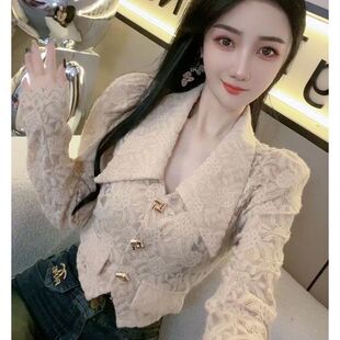 欧货设计感名媛洋气翻领蕾丝衬衫女2025秋季新款显瘦百搭短款上衣