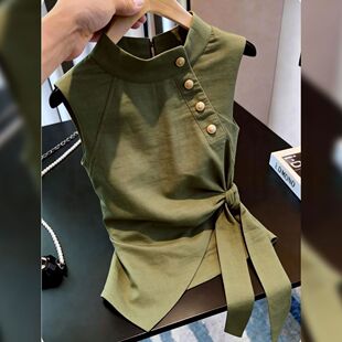 设计感绿色绑带收腰显瘦无袖小衫女2026夏季新款时尚气质减龄上衣