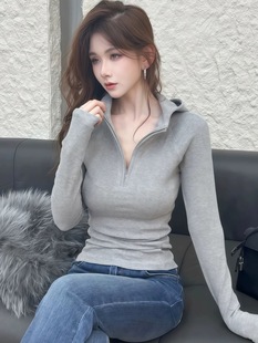 德绒半拉链灰色连帽卫衣女款2025新款爆款秋冬季内搭打底帽衫上衣