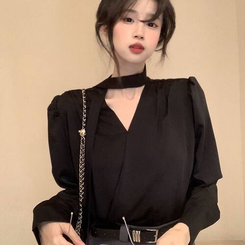法式轻奢气质名媛挂脖衬衫女春秋女装别致衬衣高级感长袖系带上衣