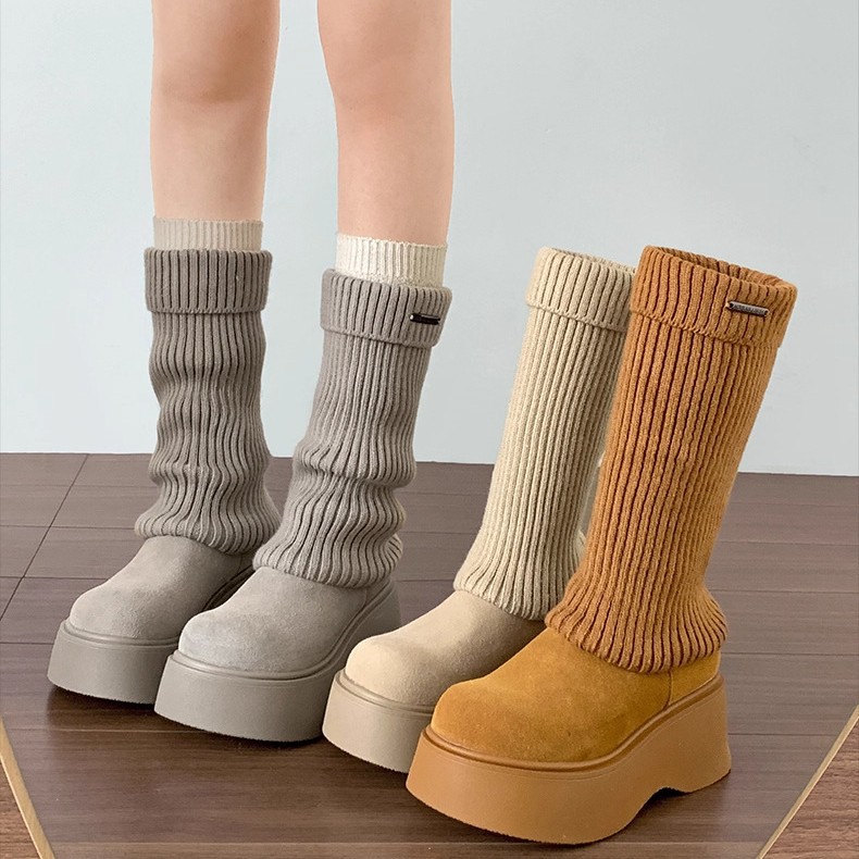 厚底中筒雪地靴子女2025新款秋冬配裙子加绒保暖弹力袜靴棉靴