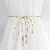 装 配连衣裙打结腰绳金色腰坠 饰腰链女士百搭金属珍珠PU细腰带韩版