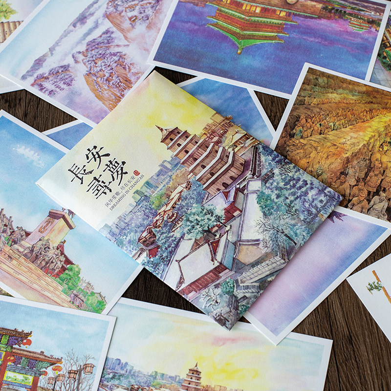 西安风景水彩手绘明信片祝福语创意圣诞节留言小卡片旅游纪念品