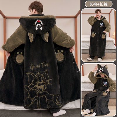 珊瑚绒睡袍男款冬季加厚法兰绒长款大码睡衣青少年连帽卡通家居服