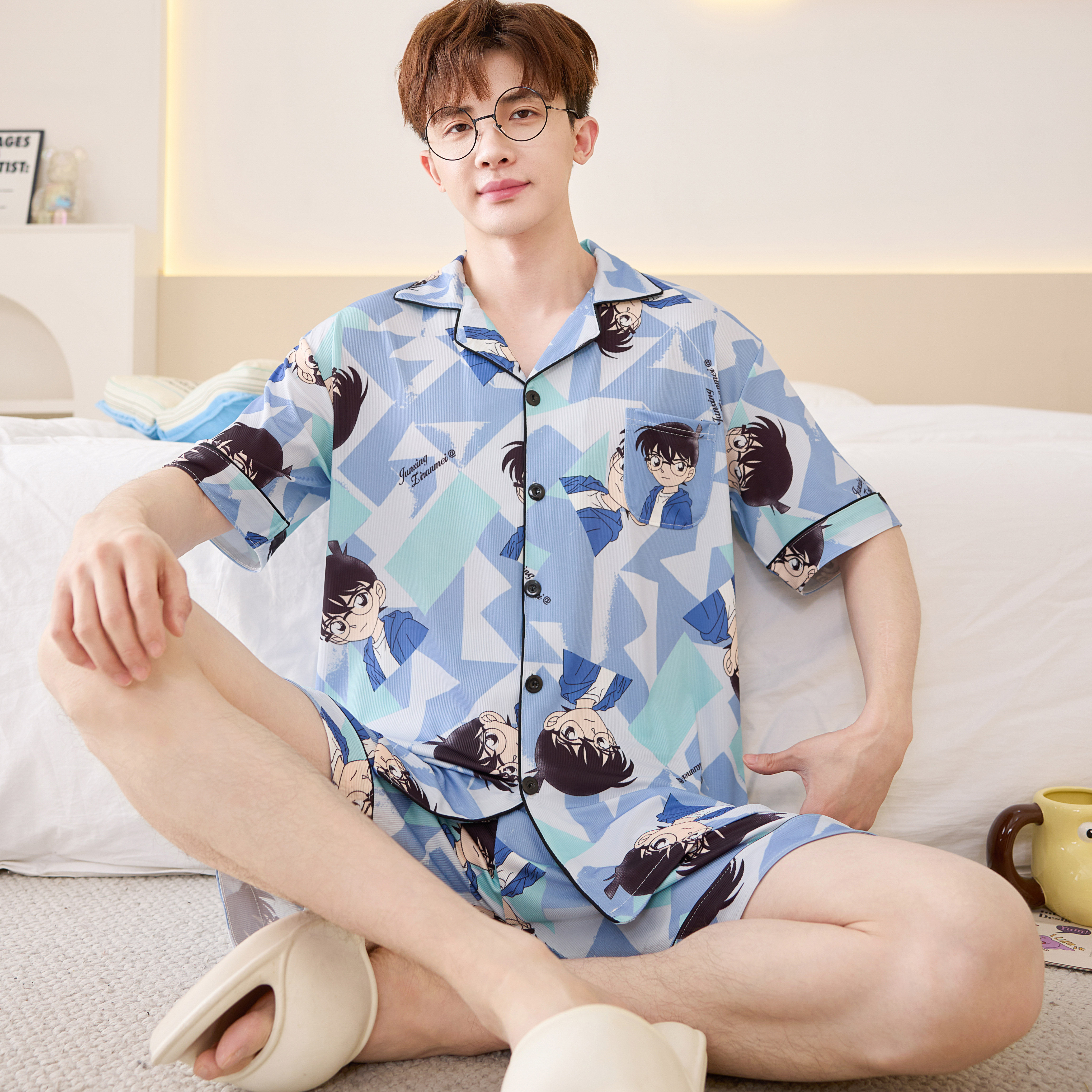 夏季男士睡衣冰丝短袖卡通加大码薄款凉感青少年可外穿家居服套装