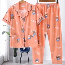 睡衣女2025年新款夏季纯棉短袖长裤套装可爱卡通薄款大码家居服女
