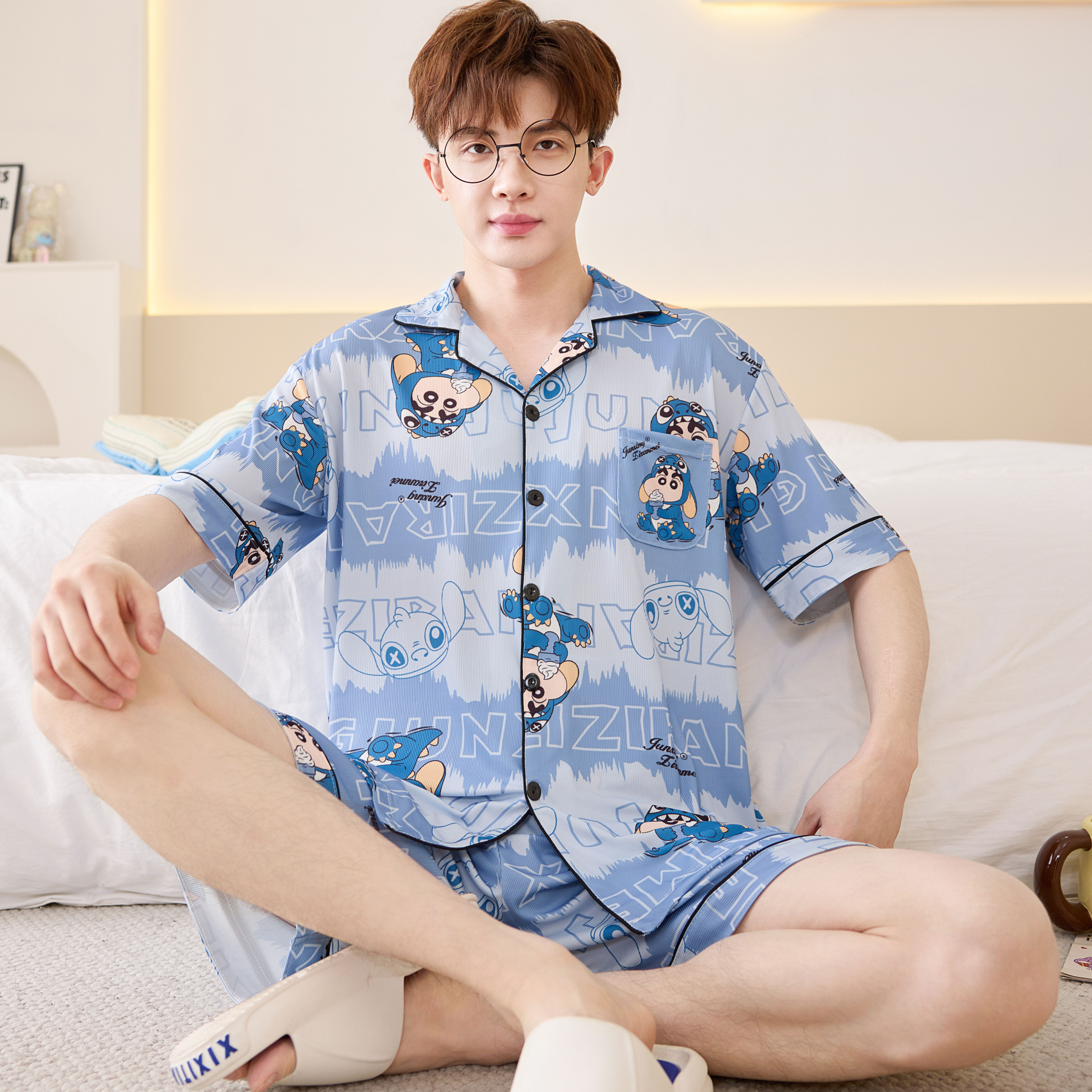 夏季凉感冰丝男士睡衣卡通加大码薄款青少年可外穿家居服套装新款