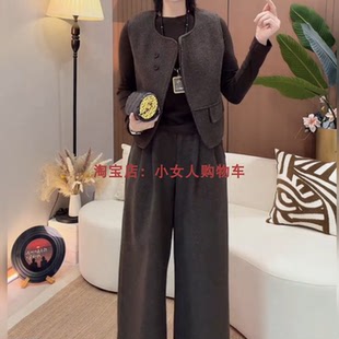 毛呢加厚纯色马甲直筒裤三件套秋冬新款时尚气质遮肚中年套装