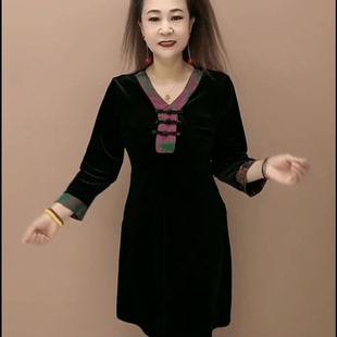 复古盘扣新中式 百搭中年连衣裙女 金丝绒连衣裙早秋新款 V领九分袖