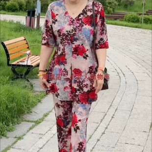 休闲气质减龄高弹V领短袖上衣九分裤两件套夏季中年妈妈速干套装
