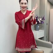 纯色圆领重工钉珠中长裙宽松遮肚休闲舒适减龄百搭中年连衣裙女装