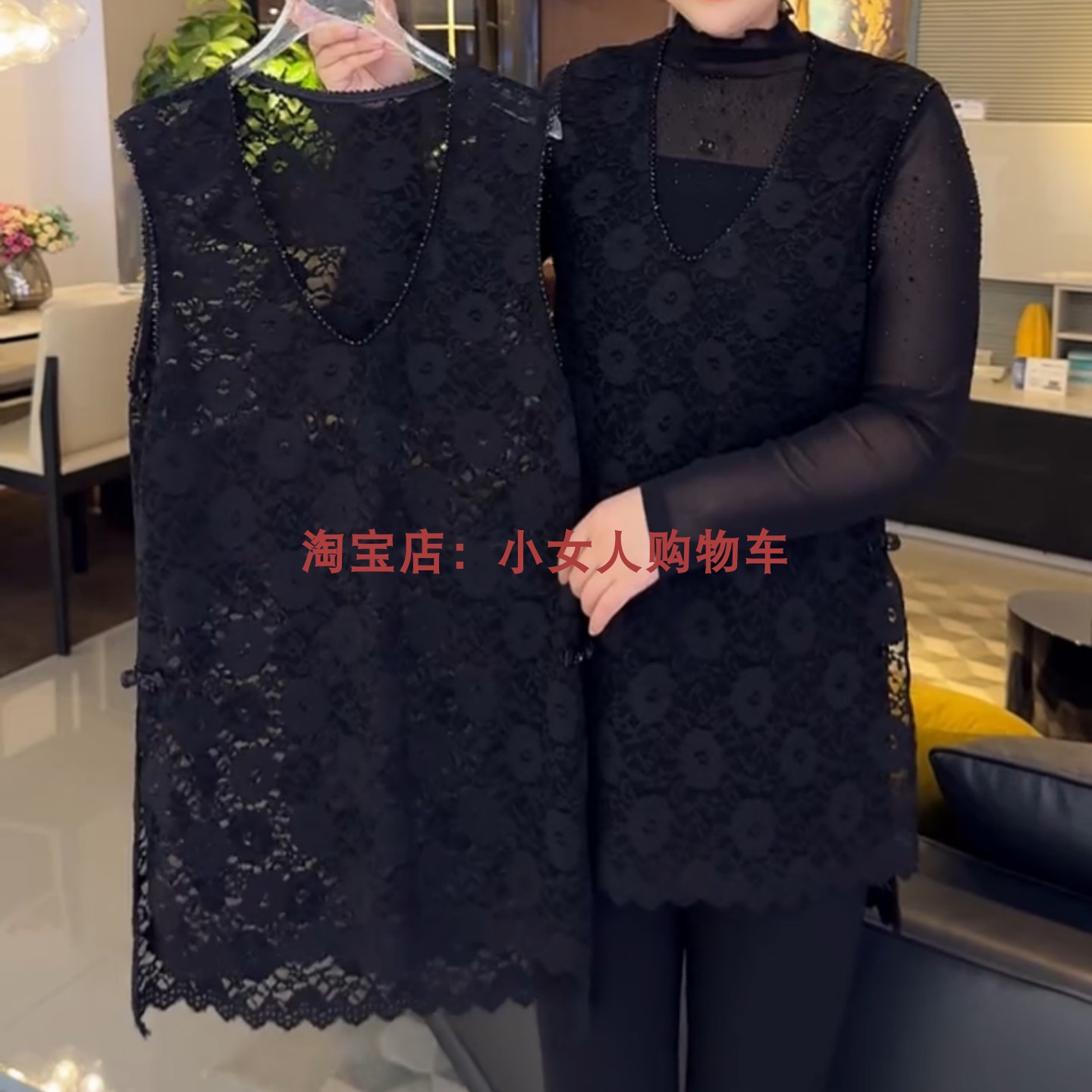 纯色钉珠V领镂空吊带裙春季新款时尚遮肚气质百搭中年开叉短裙女