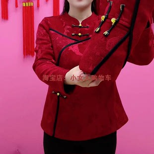 立领长袖盘扣烫花加绒保暖上衣冬季新款中老年妈妈女装复古T恤衫
