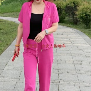 夏季薄款透气休闲舒适蕾丝连帽短袖拼接上衣直筒裤减龄中年两件套