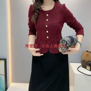 圆领长袖拼接收腰遮肚假两件休闲裙春季新款百搭减龄中长连衣裙女