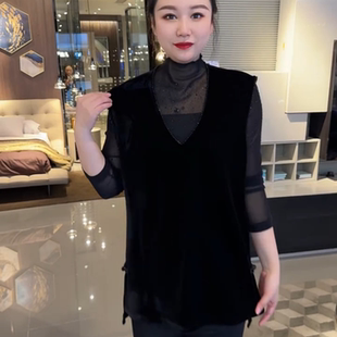 纯色钉珠V领无袖盘扣开叉马夹裙春季新款百搭舒适气质金丝绒上衣