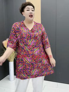 中年冰丝棉麻中长款大衫女士夏季短袖花色v领宽松八分裤大码套装