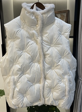 白色羽绒棉服马甲2025春秋防水貂毛外穿立领短款时尚反季韩版背心