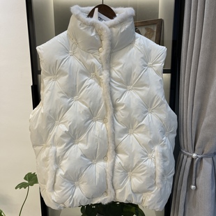 白色羽绒棉服马甲2025春秋防水貂毛外穿立领短款时尚反季韩版背心
