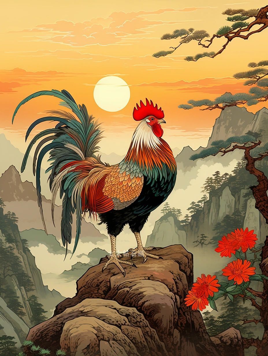 鸡年生肖DIY方钻满贴钻钻石画钻石绣山间日出大公鸡迎客松十字绣