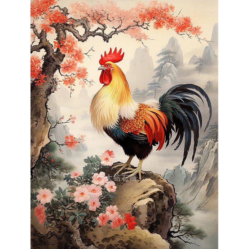 鸡年生肖DIY方钻满钻钻石画钻石绣花树下的大公鸡手工贴钻十字绣