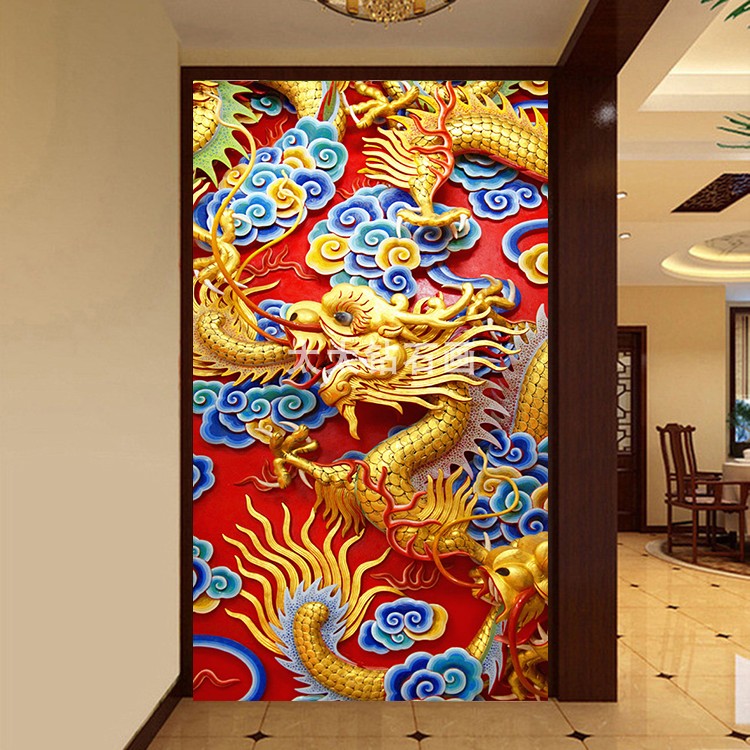 中国风红色喜庆方钻满贴钻钻石画立体浮雕金龙玄关竖版DIY十字绣