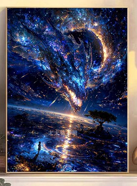 2025新品高难度DIY方钻满贴钻钻石画钻石绣带钻蓝色湖面星空龙二