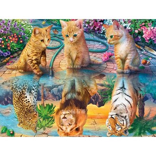 DIY方钻满钻钻石画猫咪水中倒影是老虎狮子豹子手工粘贴钻十字绣