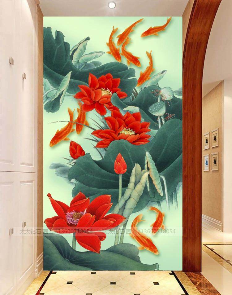 贴方钻十字绣满钻客厅走廊鸿运当头荷花九鱼图满沾贴钻钻石画玄关