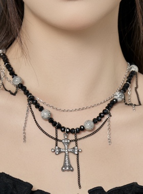 暗黑风金属十字架流苏项链女