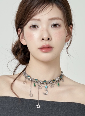 Starfire甜酷辣妹风蓝色水钻星星月亮流苏项链女小众高级感锁骨链