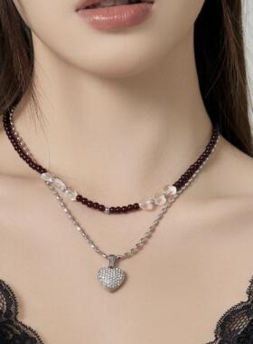 红色叠戴爱心轻奢小众锁骨链金属