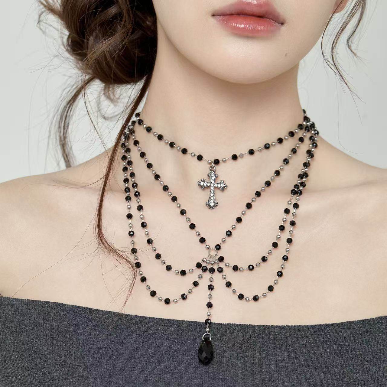 Starfire原创设计复古多层串珠十字架项链朋克风辣妹摇滚锁骨链女,饰品/流行首饰/时尚饰品新,项链,淘宝优惠券,粉丝福利购,淘宝优惠卷