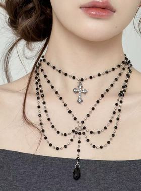 Starfire原创设计复古多层串珠十字架项链朋克风辣妹摇滚锁骨链女
