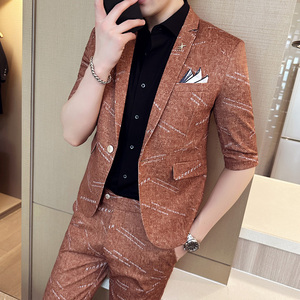 夏季男士七分袖小西装修身中袖西服九分裤两件套A445-TZ8516-P200图片