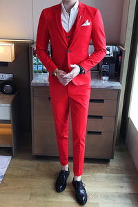 韩版纯色小西装 西服套装 夜店发型师 结婚礼服三件套 大红色TZ09图片