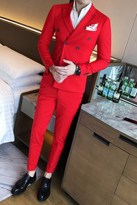 韩版修身双排扣纯色小西装 西服套装 结婚礼服三件套 大红色 TZ10图片