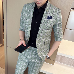 夏季男休闲七分袖小西装修身格子中袖西服两件套A445-TZ8515-P200图片