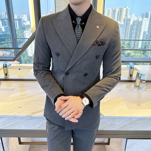 春秋韩版修身小西装外套双排扣珠边时尚休闲西服A445-XZ9006中灰图片