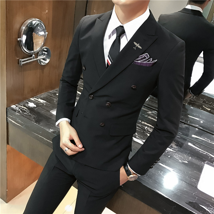 韩版休闲小西装男士修身双排扣西服套装三件套A445-SJT709-P275,男装西服套装,电商A445