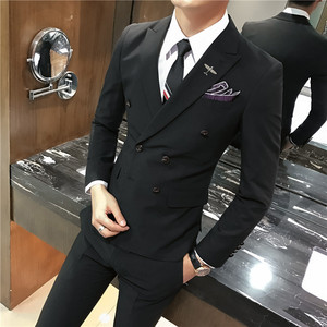 韩版休闲小西装 男士修身双排扣西服套装三件套 A445-SJT709-P275图片