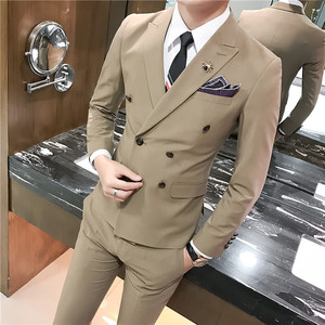 韩版休闲小西装 男士修身双排扣西服套装三件套 A445-SJT703-P275图片