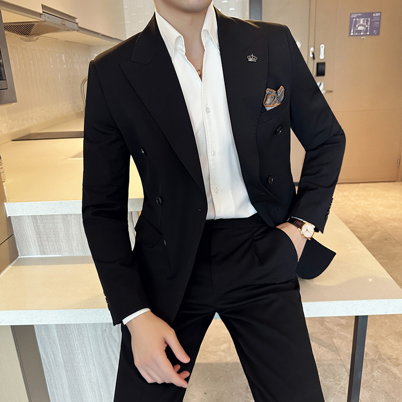 秋冬韩版修身小西装外套双排扣时尚休闲西服黑色A445-XZ9003-P130，男装西服，电商A445