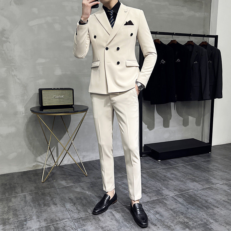 新款十色 双排扣小西装 西服套装三件套 全身图杏色-SJT10-P275图片