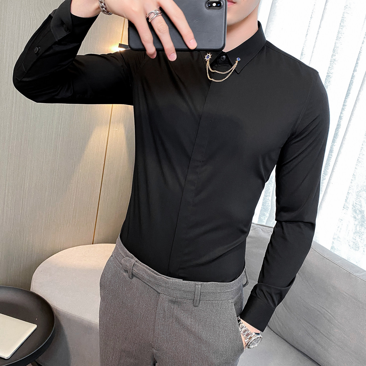 韩版修身长袖衬衫时尚精品发型师衬衣灰A445-CS109-P68,男装衬衫,电商A445